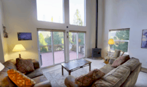 living room with tall windows and wood stove