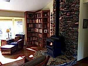 living room with wood stove